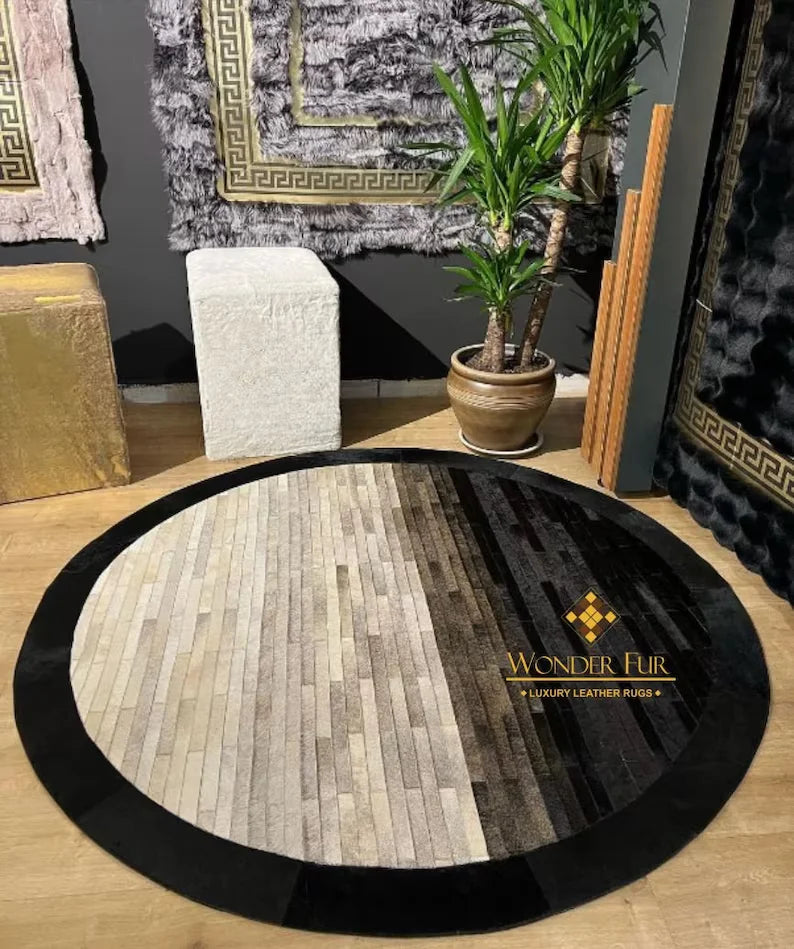 High Quality Cowhide Round Rug, 100% Genuine Leather Patchwork Area Rug, Luxury Decoration