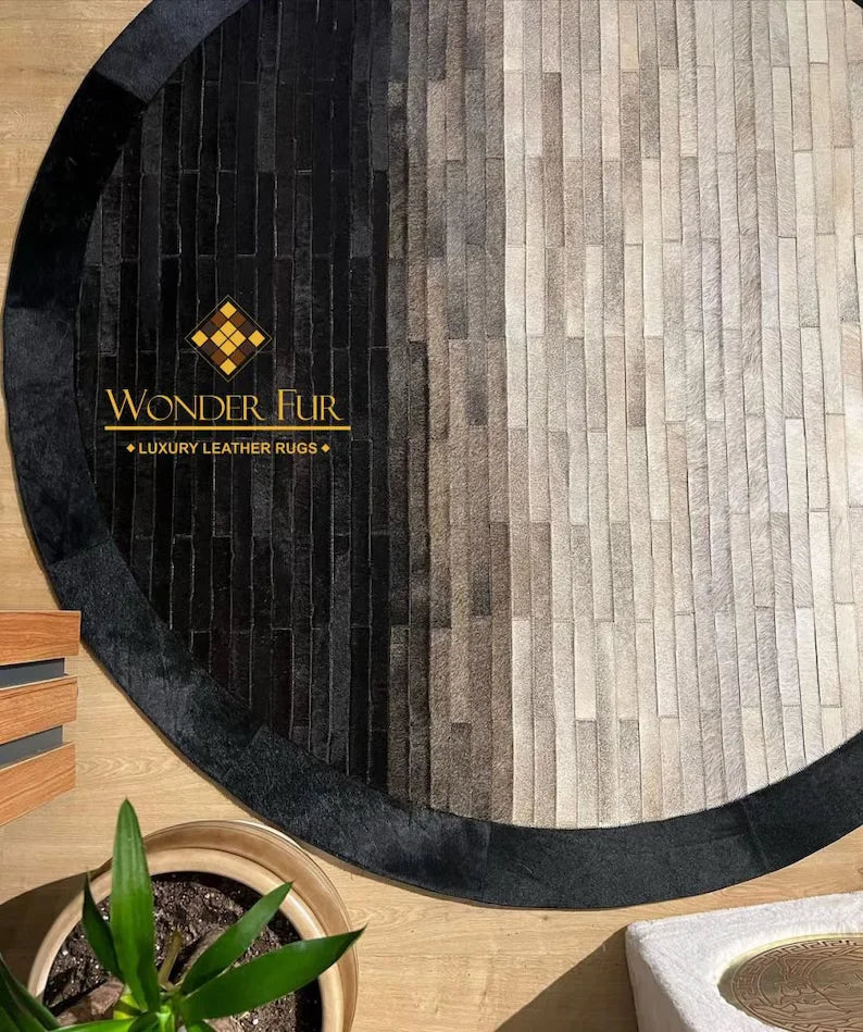 High Quality Cowhide Round Rug, 100% Genuine Leather Patchwork Area Rug, Luxury Decoration