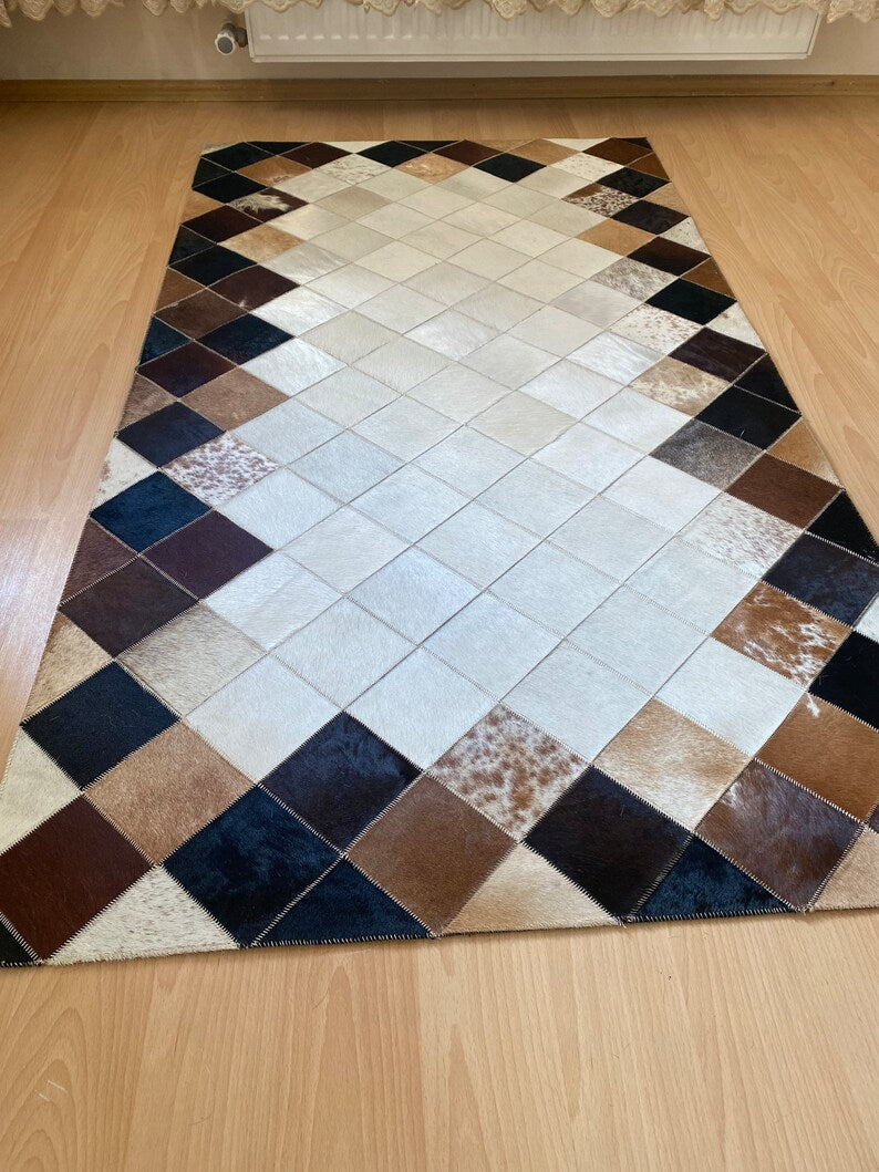 High Quality Cowhide Runner Rug, 100% Genuine Leather Handmade Patchwork Rug