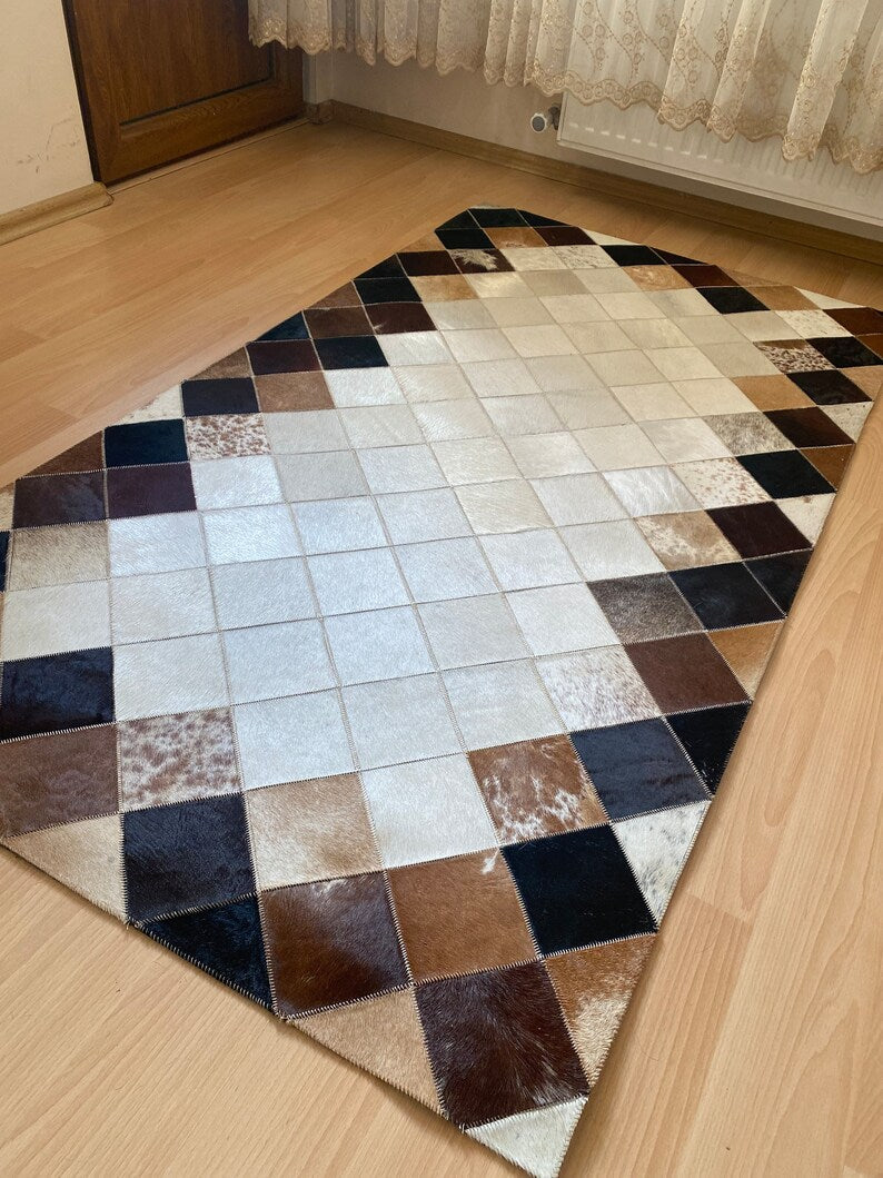 High Quality Cowhide Runner Rug, 100% Genuine Leather Handmade Patchwork Rug