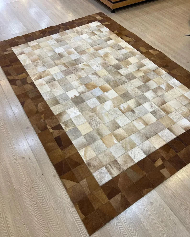 High Quality Handmade Natural Leather Large Cowhide Area Rug, Cowhide Decor Patchwork Rug, Custom Size Natural Rugs