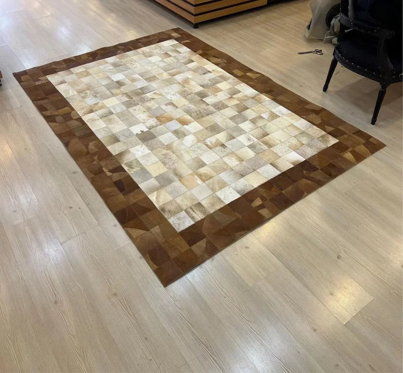 High Quality Handmade Natural Leather Large Cowhide Area Rug, Cowhide Decor Patchwork Rug, Custom Size Natural Rugs