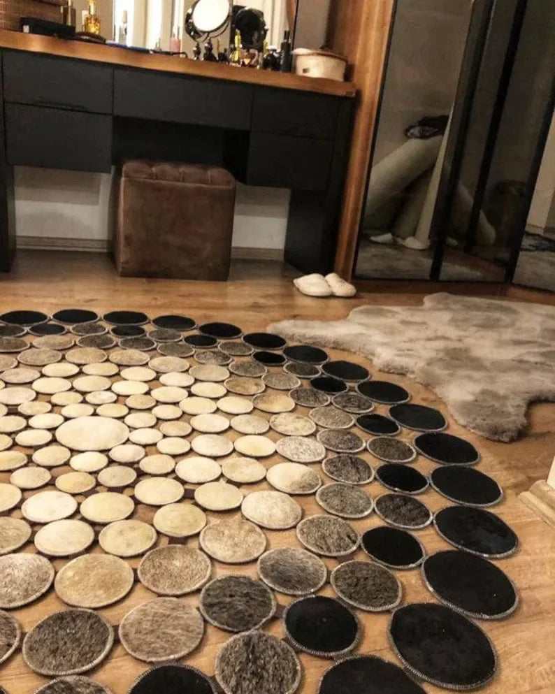 High Quality Natural Leather Cowhide Rug, Handmade Cow Skin Round Carpet, Non Slip Rug