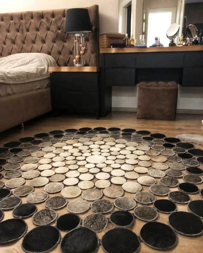 High Quality Natural Leather Cowhide Rug, Handmade Cow Skin Round Carpet, Non Slip Rug