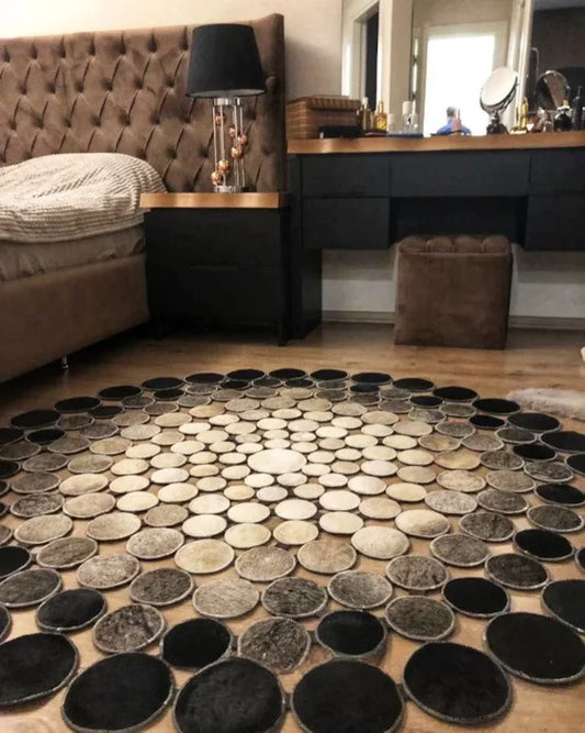 High Quality Natural Leather Cowhide Rug, Handmade Cow Skin Round Carpet, Non Slip Rug