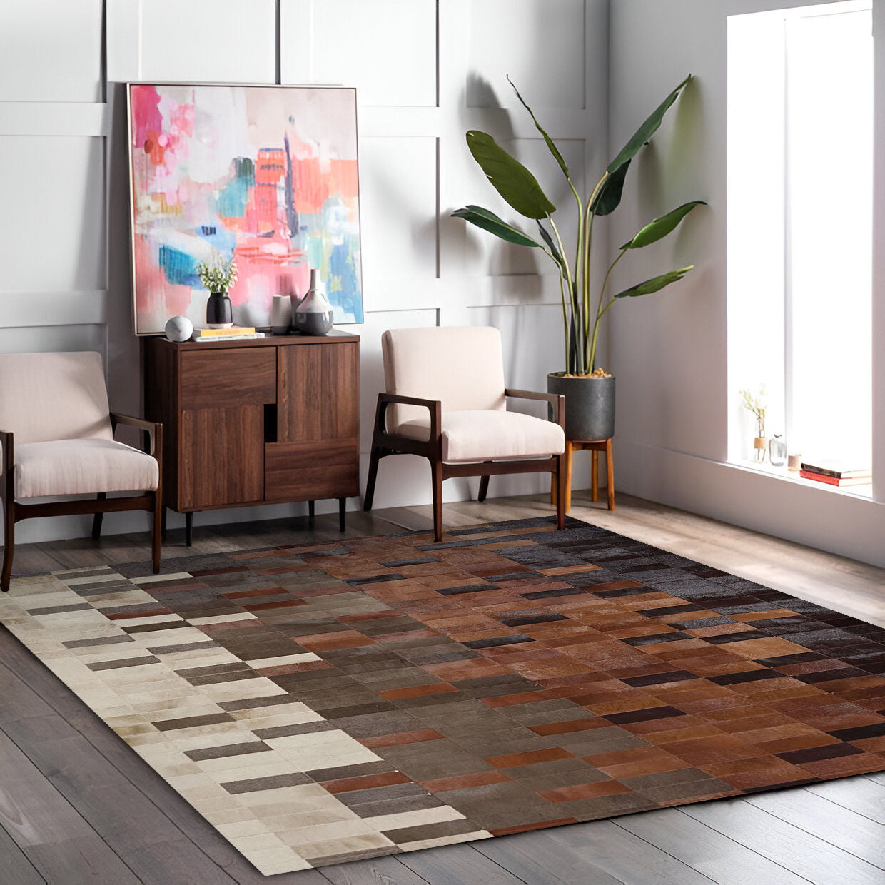 High Quality Tricolor Natural Cowhide Area 10x8 Rug, Handmade Elegance