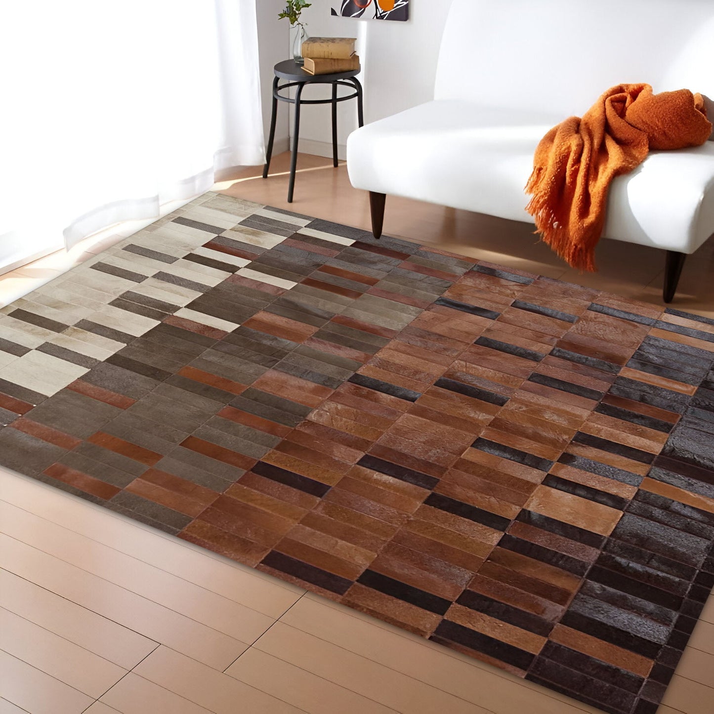 High Quality Tricolor Natural Cowhide Area 10x8 Rug, Handmade Elegance