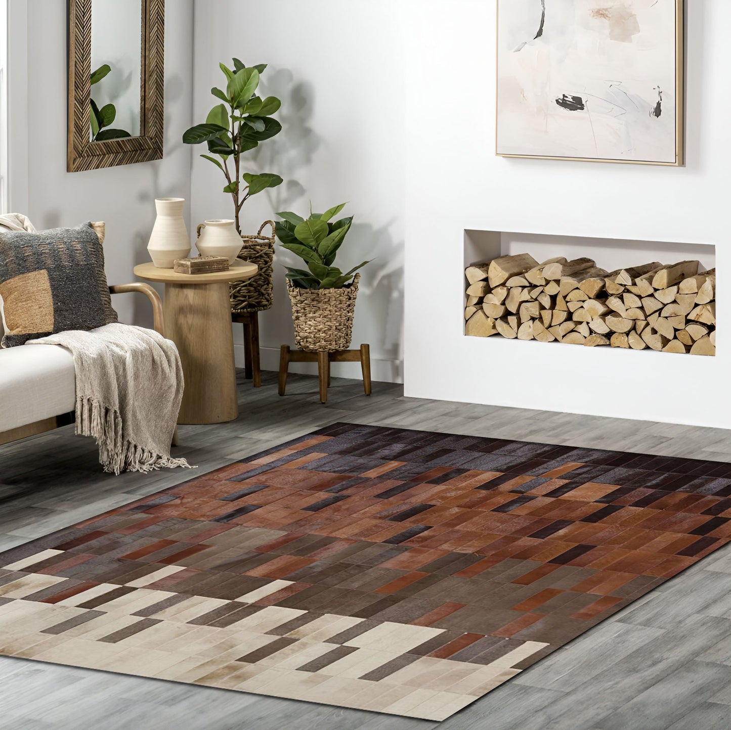 High Quality Tricolor Natural Cowhide Area 10x8 Rug, Handmade Elegance