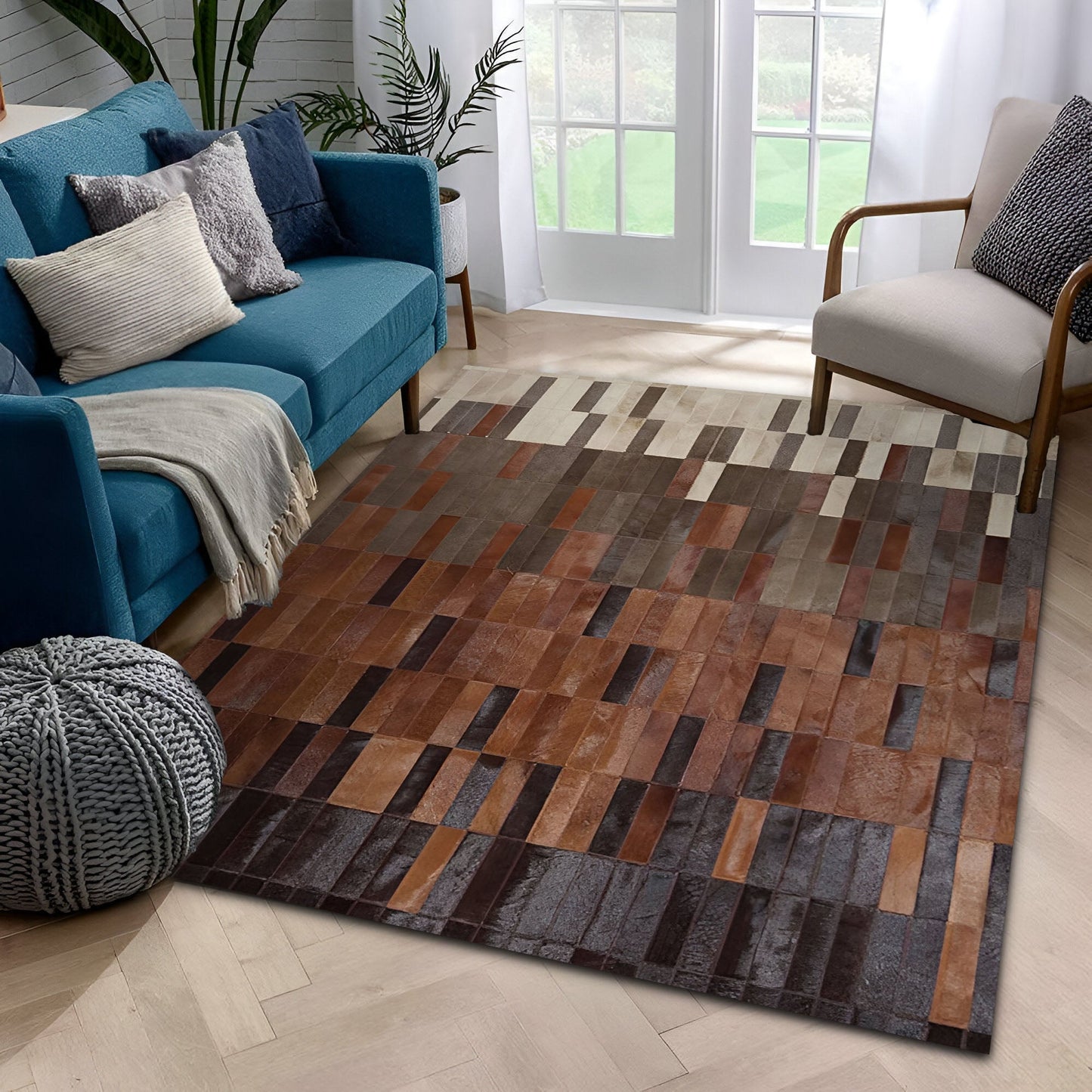 High Quality Tricolor Natural Cowhide Area 10x8 Rug, Handmade Elegance