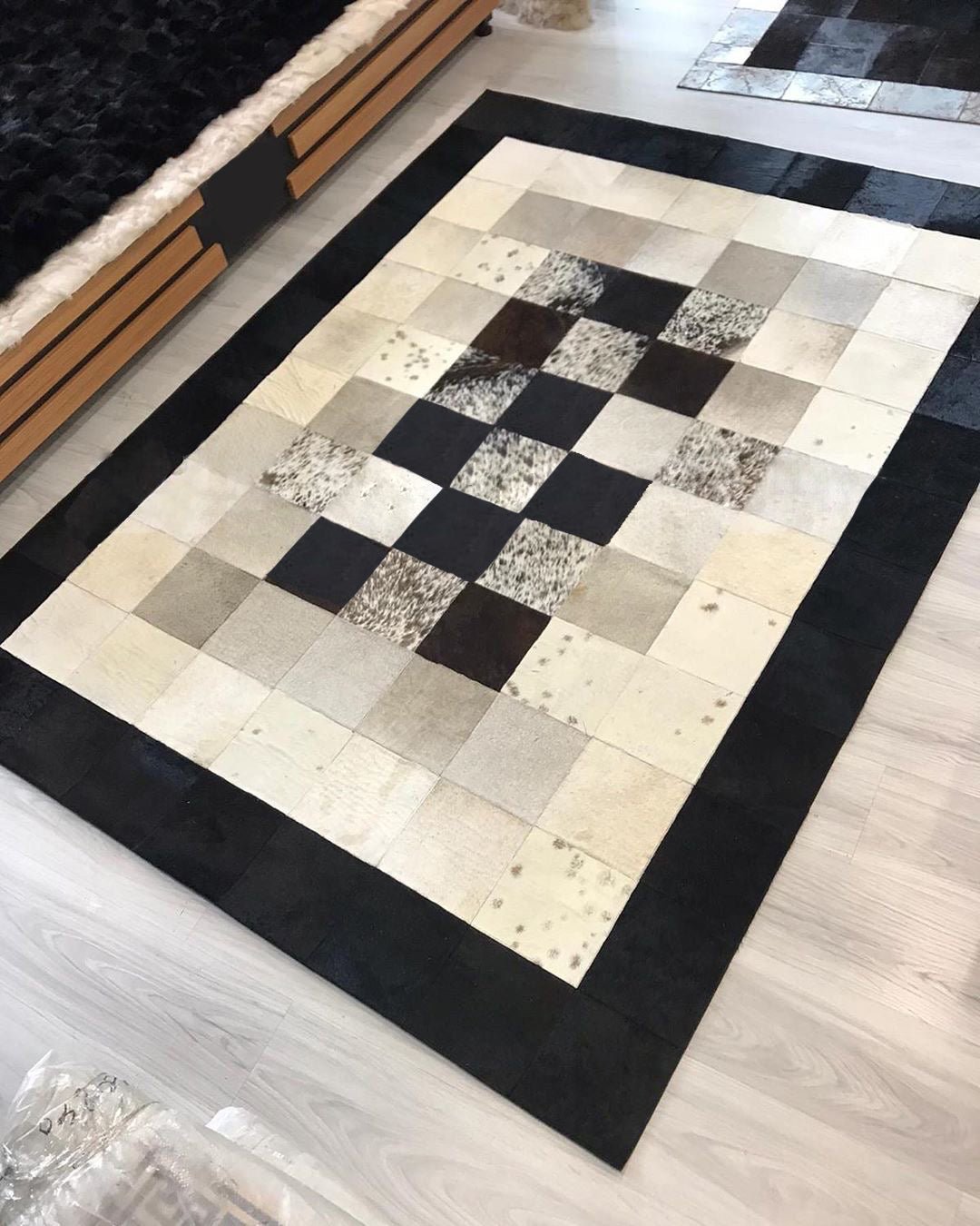 Black and Cream Patchwork Area Rug, Natural Cowhide Area Rug, Geometric Black and Cream Patchwork Cowhide Rug - Wonder fur rug Rug Wonder Fur Rug Wonder fur rug