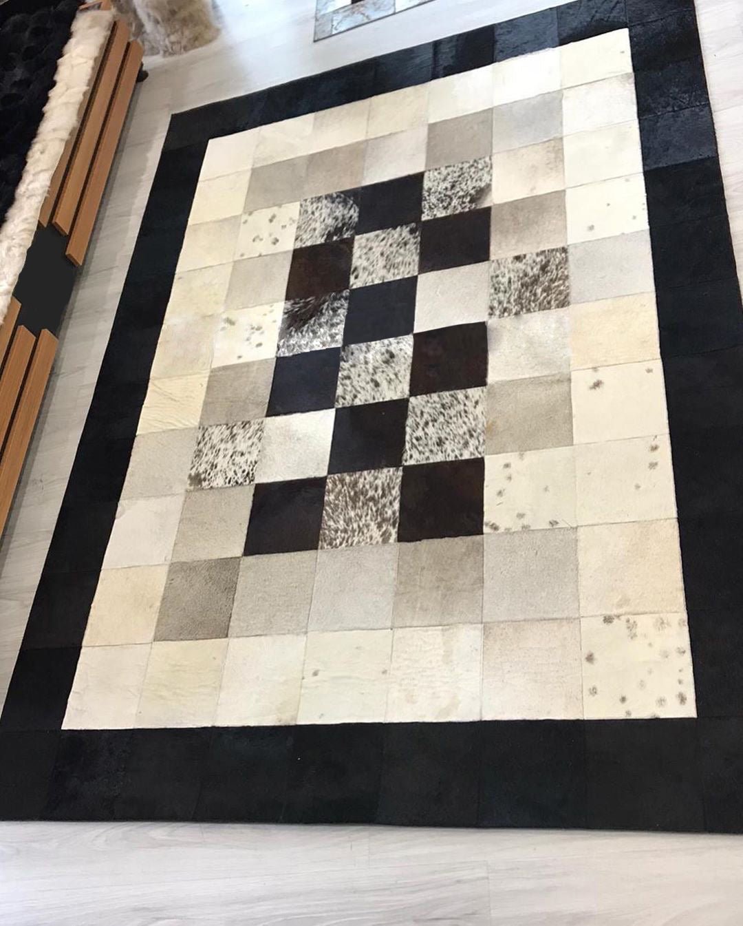 Black and Cream Patchwork Area Rug, Natural Cowhide Area Rug, Geometric Black and Cream Patchwork Cowhide Rug - Wonder fur rug Rug Wonder Fur Rug Wonder fur rug