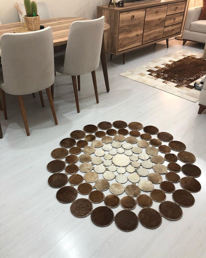 Tricolor Rug, Natural Handmade Round Cowhide Rug, Cowhide Patchwork Rug for Living Room, Cow Leather Carpet