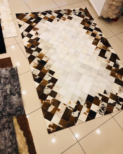 Brown Mixed Color Cowhide Area Rug, Handmade Natural Cowhide Patchwork Rug, Modern Designed Rug for Your Home