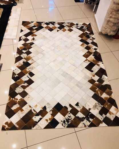 Brown Mixed Color Cowhide Area Rug, Handmade Natural Cowhide Patchwork Rug, Modern Designed Rug for Your Home