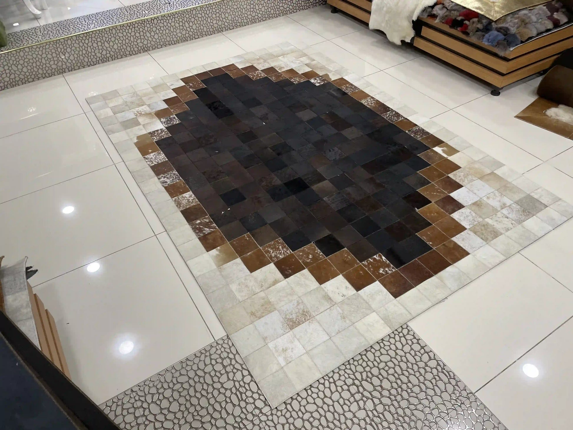 Elegant Brown and Cream Cowhide Rug, Handmade Natural Cowhide Patchwork Rug For Living Room, Perfect For Home Décor