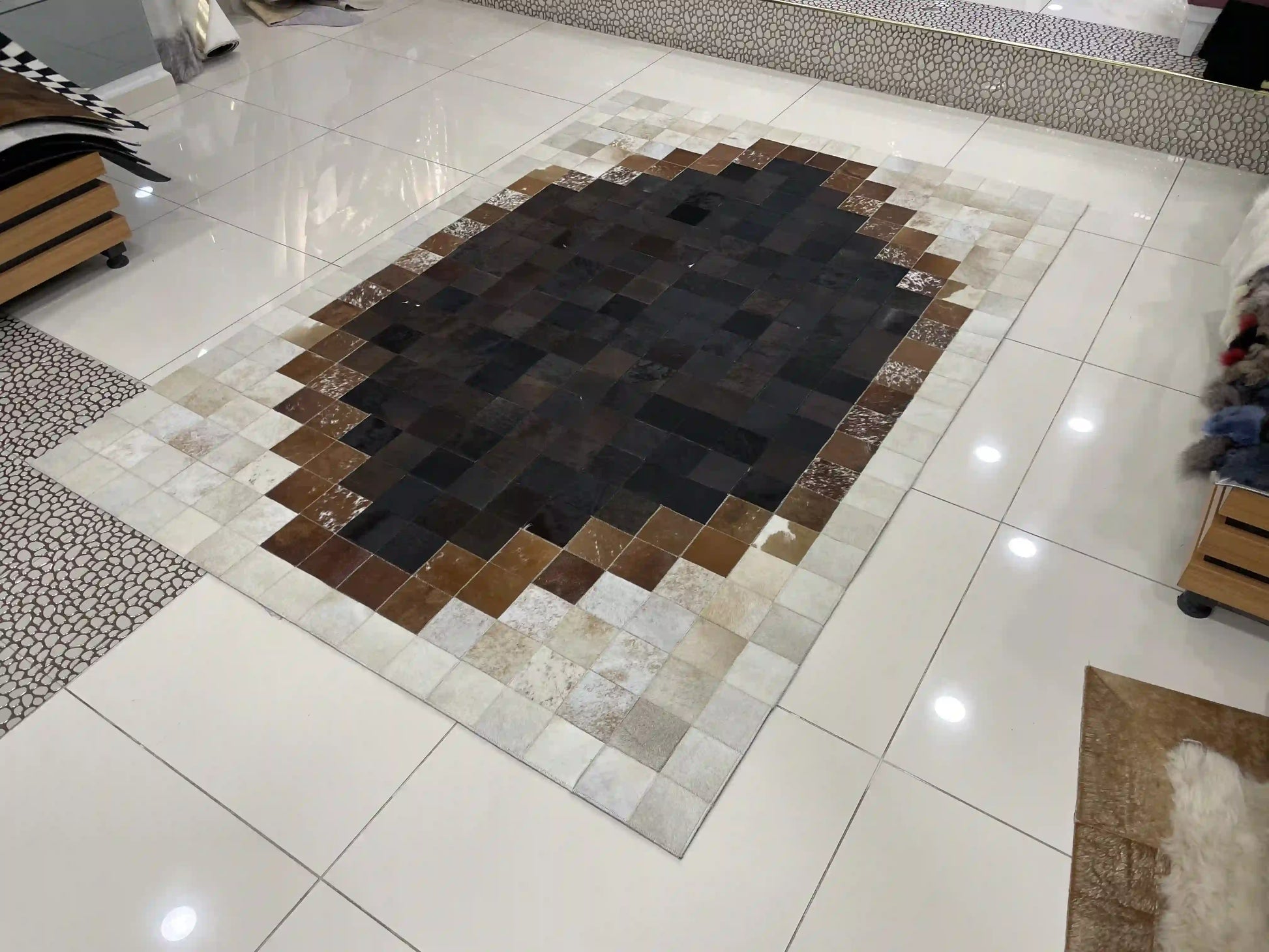 Elegant Brown and Cream Cowhide Rug, Handmade Natural Cowhide Patchwork Rug For Living Room, Perfect For Home Décor