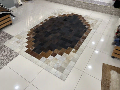 Elegant Brown and Cream Cowhide Rug, Handmade Natural Cowhide Patchwork Rug For Living Room, Perfect For Home Décor