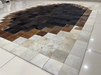 Elegant Brown and Cream Cowhide Rug, Handmade Natural Cowhide Patchwork Rug For Living Room, Perfect For Home Décor