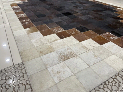 Elegant Brown and Cream Cowhide Rug, Handmade Natural Cowhide Patchwork Rug For Living Room, Perfect For Home Décor