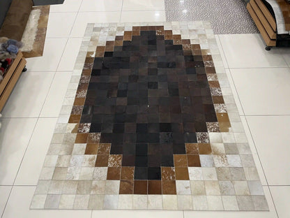 Elegant Brown and Cream Cowhide Rug, Handmade Natural Cowhide Patchwork Rug For Living Room, Perfect For Home Décor