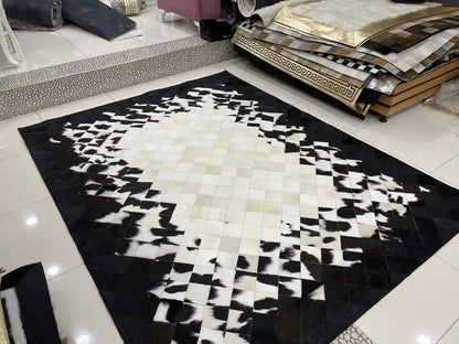Natural Handmade Black and White Cowhide Area Rug for Living Room