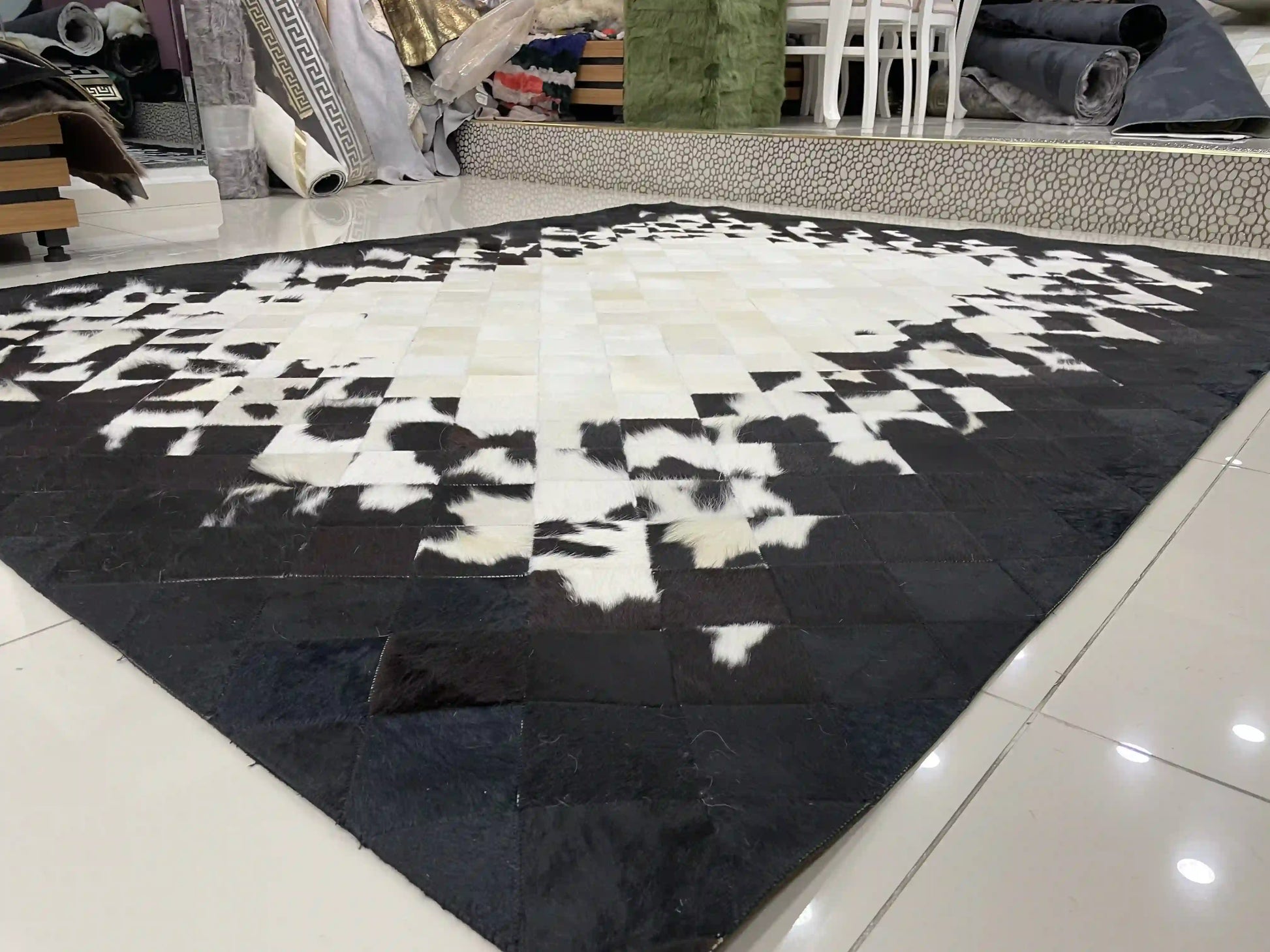 Black and White Living Room Carpet, Natural Handmade Cowhide Area Rug, Modern Designed Carpet, Cowhide Rug