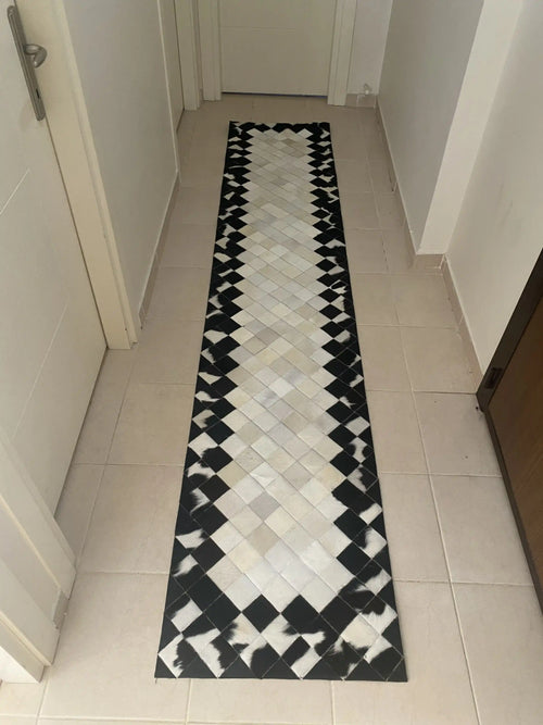 Unique Black and White Cowhide Runner Rug, Natural Leather Handmade Patchwork Rug, Cool Rug