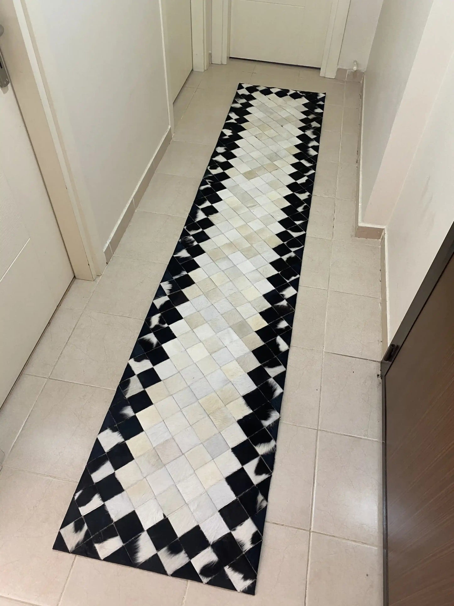 Unique Black and White Cowhide Runner Rug, Natural Leather Handmade Patchwork Rug, Cool Rug