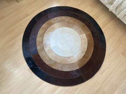 Brown and Cream Round Cowhide Rug, Round Rug for Kitchen, Natural Handmade Cow Skin Carpet, Housewarming Gift