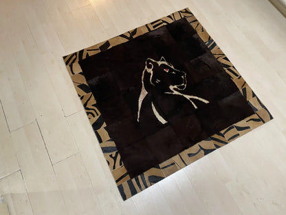 Black Panther Pattern Cowhide Area Rug, Brown Border Natural Cowhide Rug, Panther Rug, Cool Rug