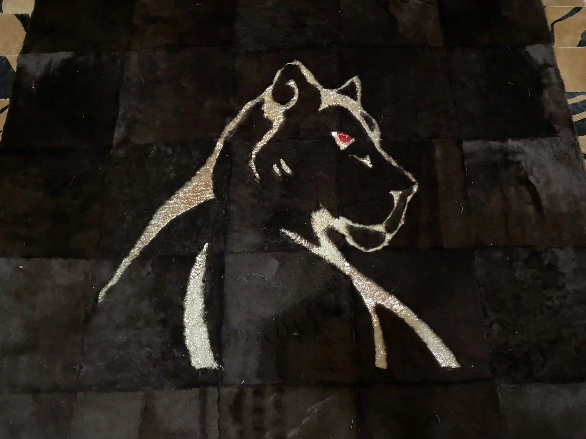 Black Panther Pattern Cowhide Area Rug, Brown Border Natural Cowhide Rug, Panther Rug, Cool Rug