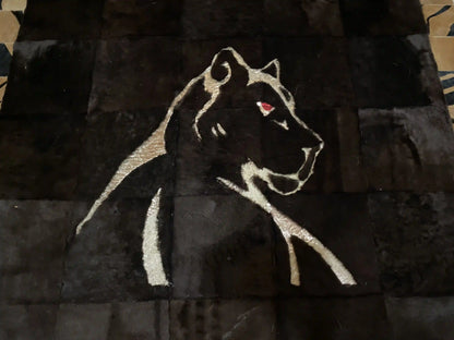 Black Panther Pattern Cowhide Area Rug, Brown Border Natural Cowhide Rug, Panther Rug, Cool Rug