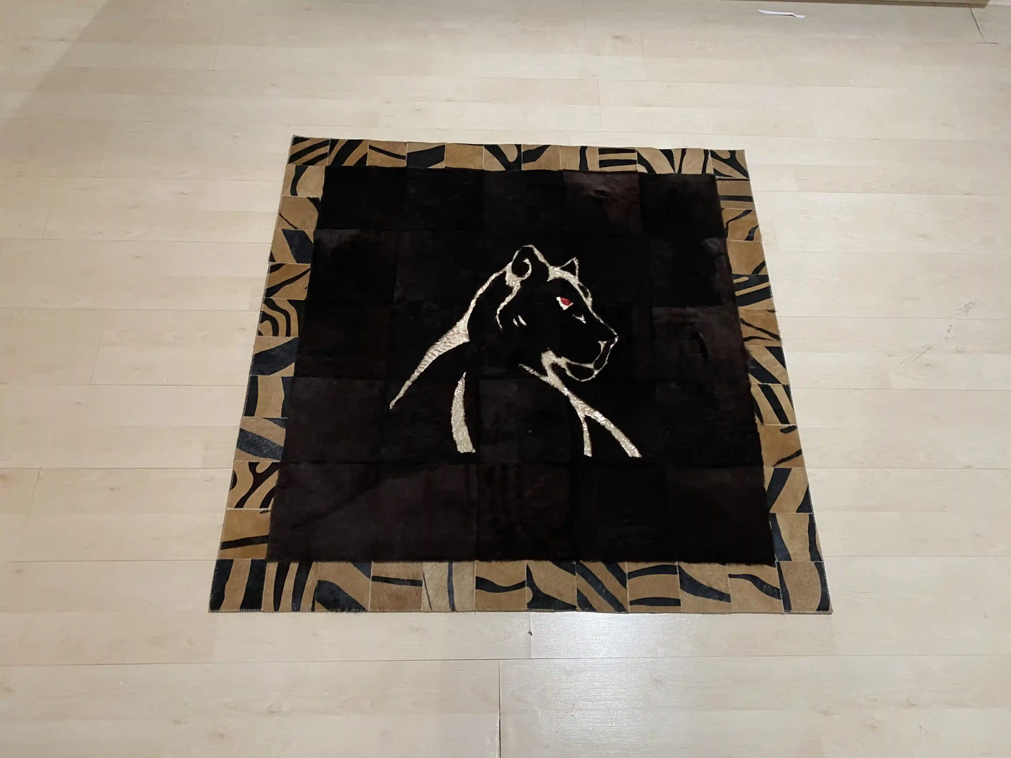 Black Panther Pattern Cowhide Area Rug, Brown Border Natural Cowhide Rug, Panther Rug, Cool Rug
