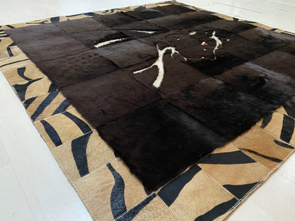 Black Panther Pattern Cowhide Area Rug, Brown Border Natural Cowhide Rug, Panther Rug, Cool Rug