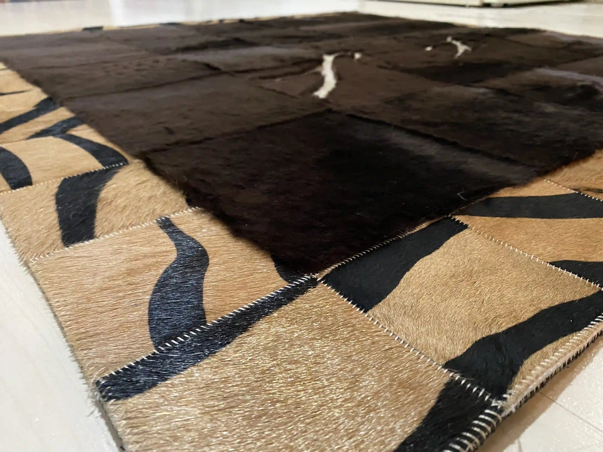 Black Panther Pattern Cowhide Area Rug, Brown Border Natural Cowhide Rug, Panther Rug, Cool Rug