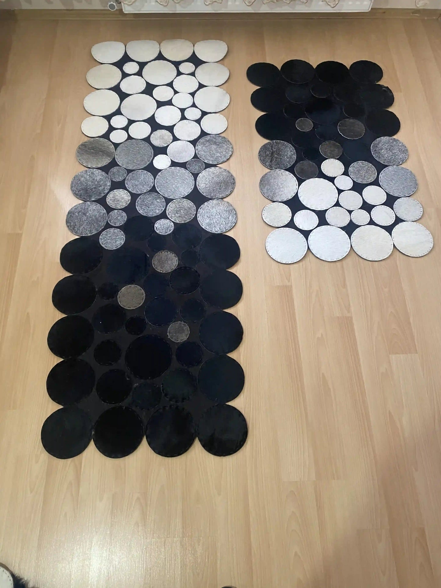 Black, Gray and White Patchwork Rug, Genuine Cowhide Runner Rug, Runner Rug for Hallway, Home Decoration Rug