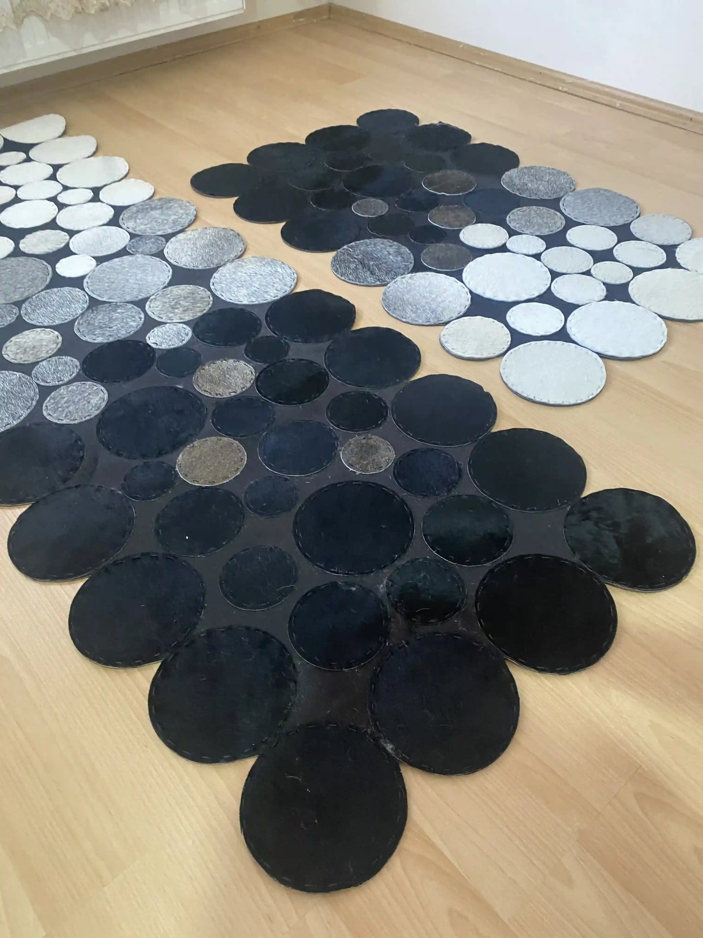 Black, Gray and White Patchwork Rug, Genuine Cowhide Runner Rug, Runner Rug for Hallway, Home Decoration Rug