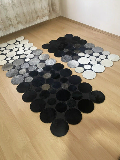 Black, Gray and White Patchwork Rug, Genuine Cowhide Runner Rug, Runner Rug for Hallway, Home Decoration Rug