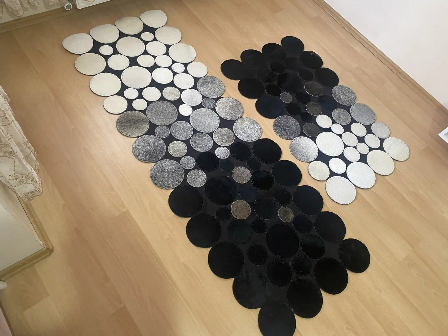 Black, Gray and White Patchwork Rug, Genuine Cowhide Runner Rug, Runner Rug for Hallway, Home Decoration Rug