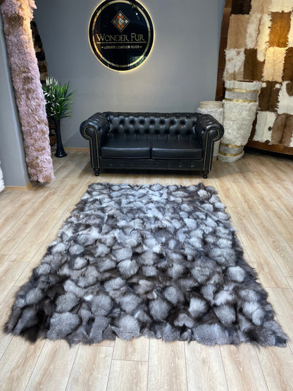 Ultra Soft Gray Luxury Natural Fox fur Rug, Shaggy Fluffy Handmade Area Rug