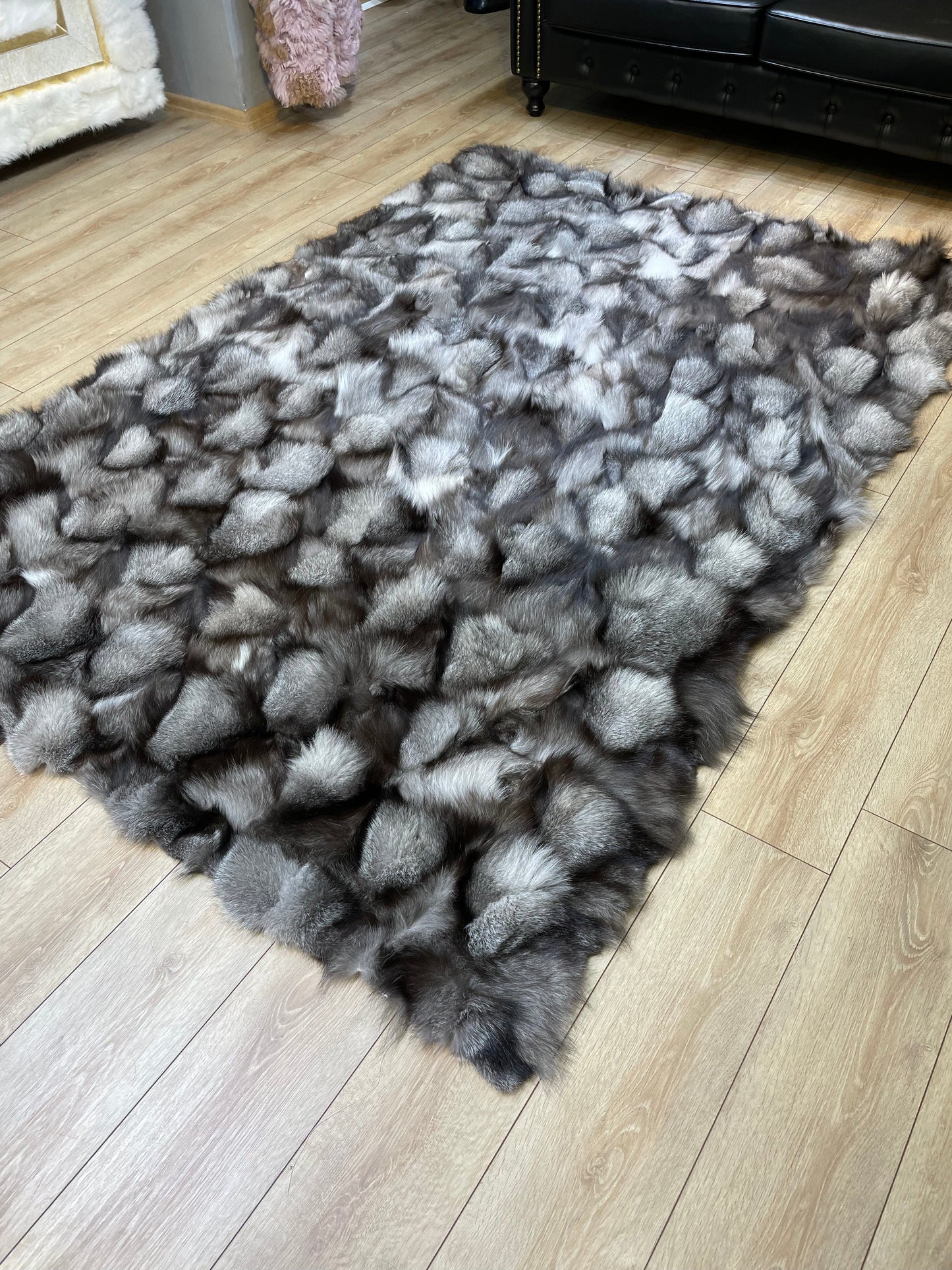 Ultra Soft Gray Luxury Natural Fox fur Rug, Shaggy Fluffy Handmade Area Rug