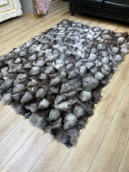 Ultra Soft Gray Luxury Natural Fox fur Rug, Shaggy Fluffy Handmade Area Rug