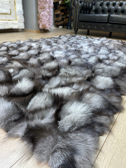 Ultra Soft Gray Luxury Natural Fox fur Rug, Shaggy Fluffy Handmade Area Rug