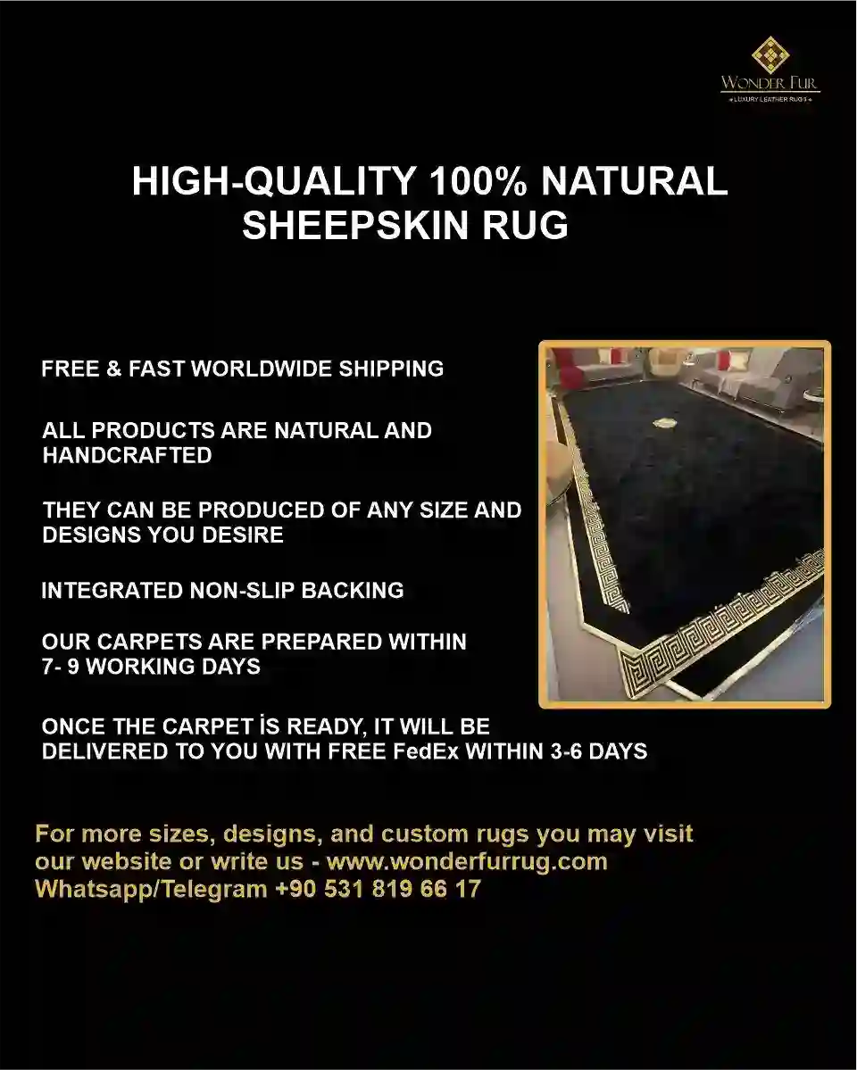 Handmade Black Sheepskin Area Rug, Soft Home Decor Carpet