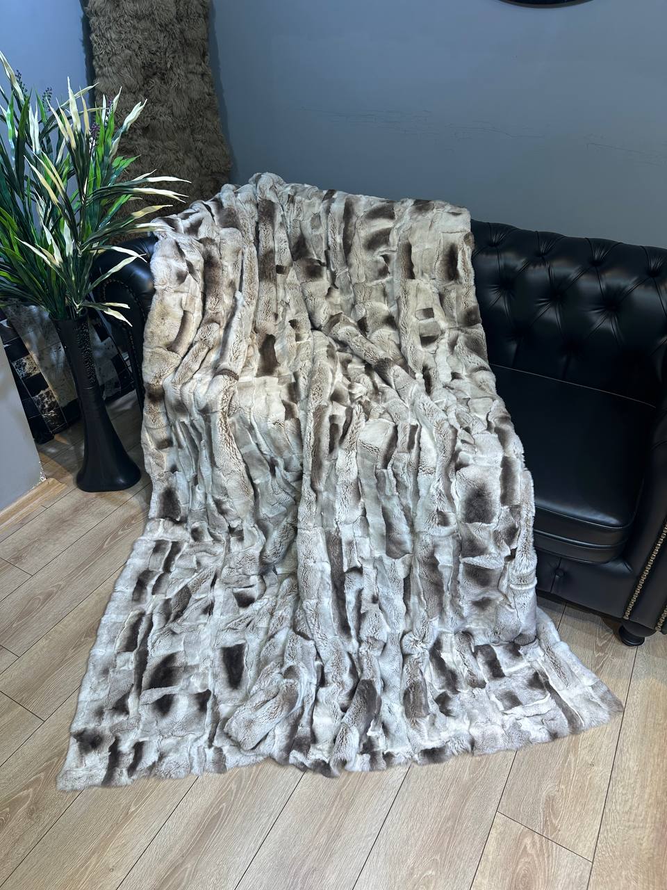 Luxurious Gray Brown Natural Real Rabbit Fur Blanket Throw , Personalized Handmade Fur Sofa Cover Bedspread, Throw Blanket, Fluffy Blanket