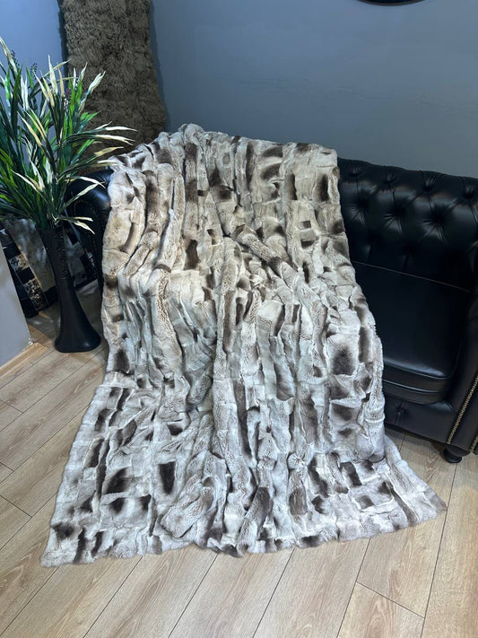 Luxurious Gray Brown Natural Real Rabbit Fur Blanket Throw , Personalized Handmade Fur Sofa Cover Bedspread, Throw Blanket, Fluffy Blanket