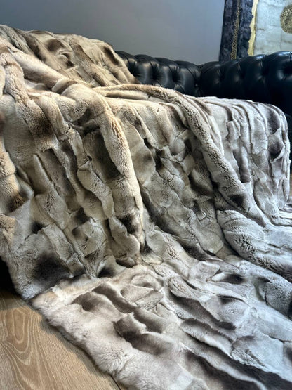 Luxurious Gray Brown Natural Real Rabbit Fur Blanket Throw , Personalized Handmade Fur Sofa Cover Bedspread, Throw Blanket, Fluffy Blanket