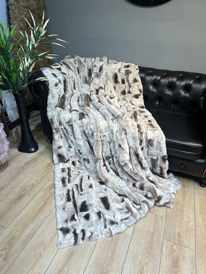 Luxurious Gray Brown Natural Real Rabbit Fur Blanket Throw , Personalized Handmade Fur Sofa Cover Bedspread, Throw Blanket, Fluffy Blanket