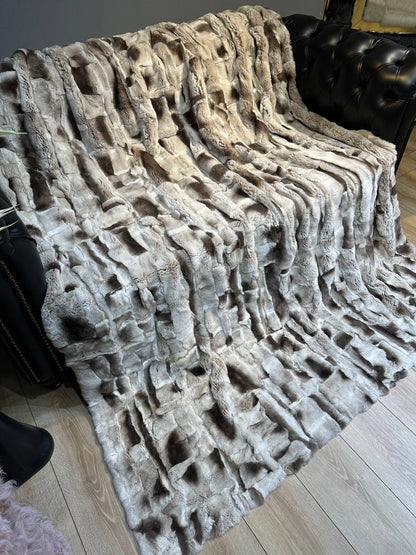 Luxurious Gray Brown Natural Real Rabbit Fur Blanket Throw , Personalized Handmade Fur Sofa Cover Bedspread, Throw Blanket, Fluffy Blanket