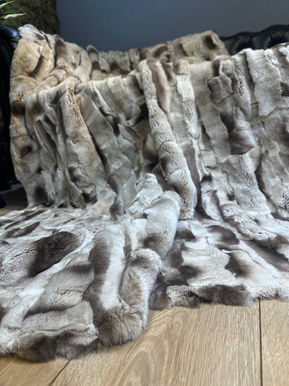 Luxurious Gray Brown Natural Real Rabbit Fur Blanket Throw , Personalized Handmade Fur Sofa Cover Bedspread, Throw Blanket, Fluffy Blanket